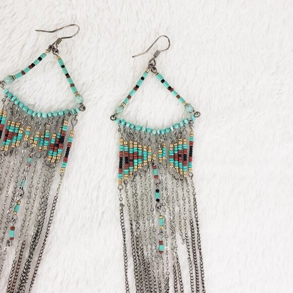 Beaded Earrings Boho Hand Crafted Chain Beads Fringe Long Dangle Turquoise - Picture 2 of 4
